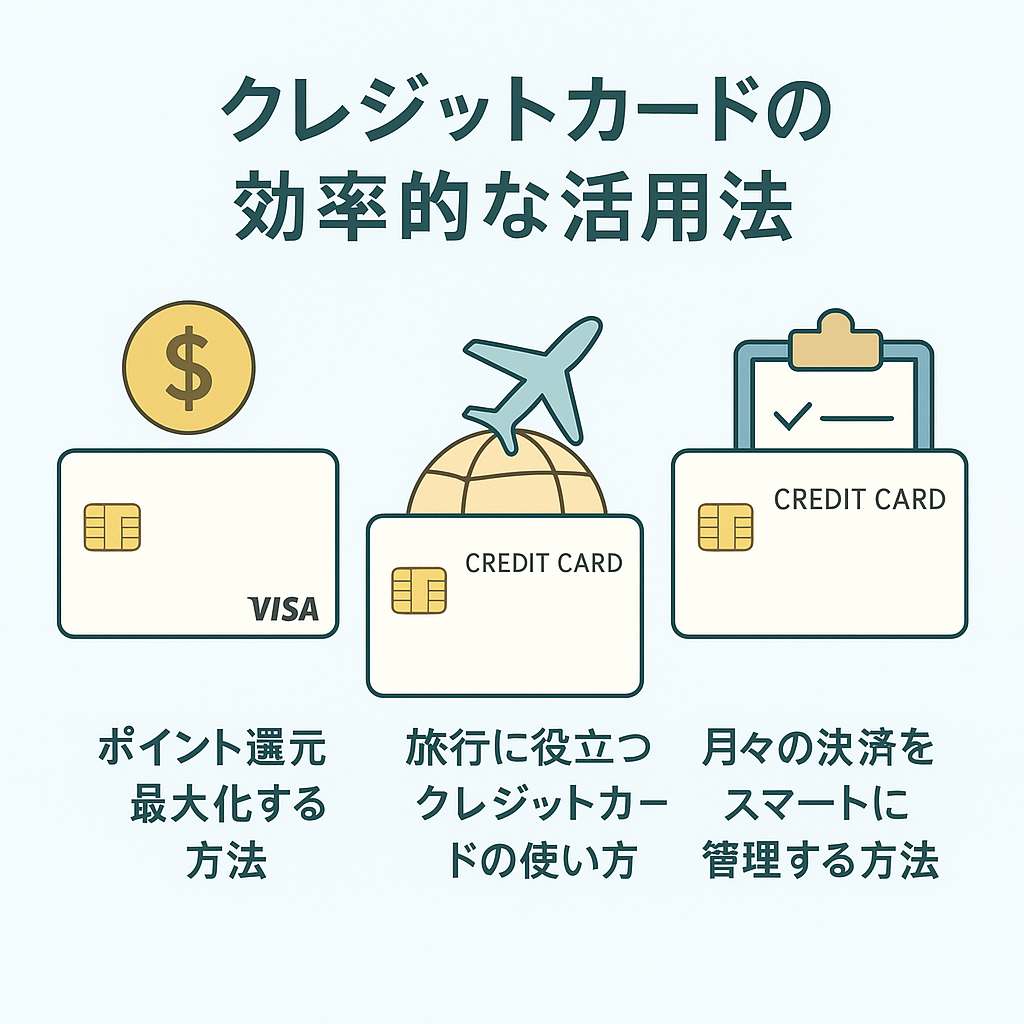 クレジットカードの効率的な活用法を解説する図解。ポイント還元を最大化する方法、旅行で役立つ使い方、月々の決済をスマートに管理する方法を3つのアイコンとともに紹介。 