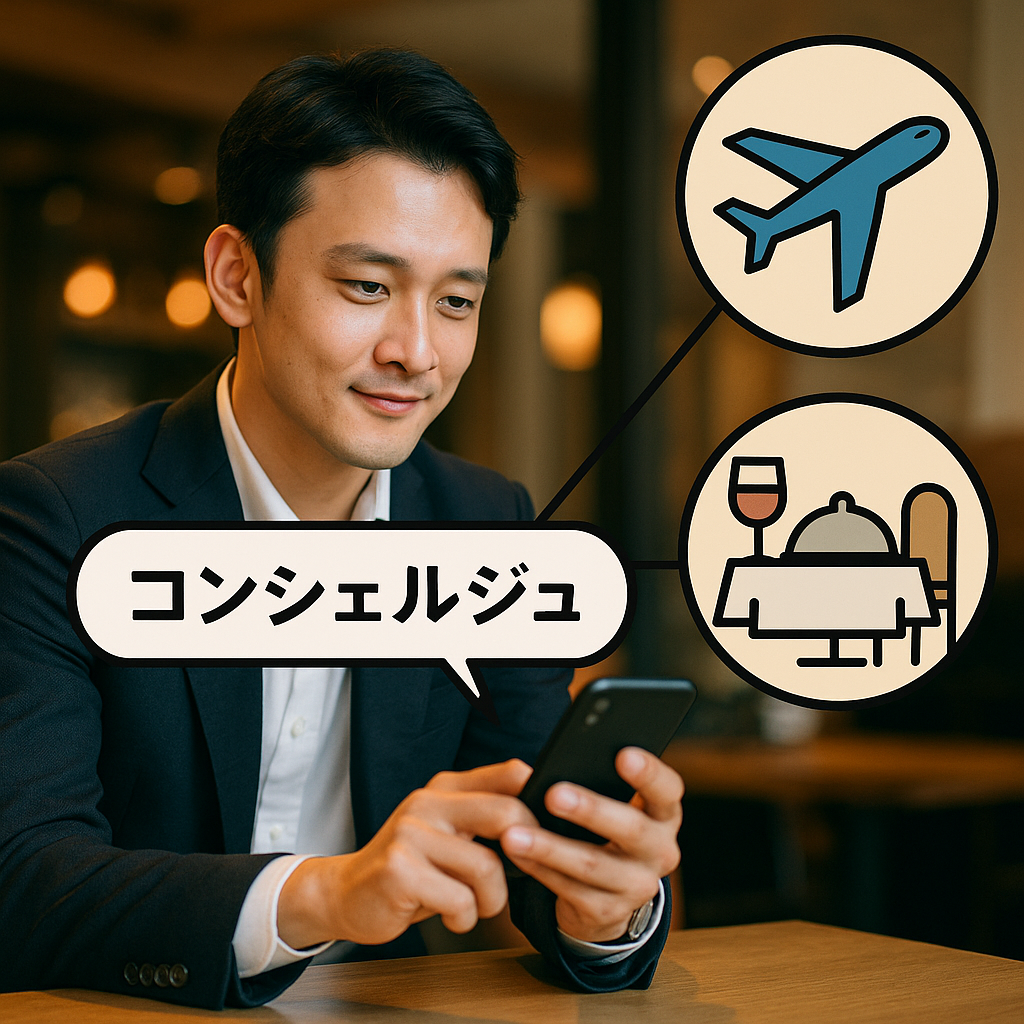 スーツ姿の若い東アジア人男性がレストランでスマートフォンを操作し、コンシェルジュサービスを利用している様子。吹き出しには『コンシェルジュ』と書かれ、上には飛行機とレストランのアイコンが並んで表示されている。