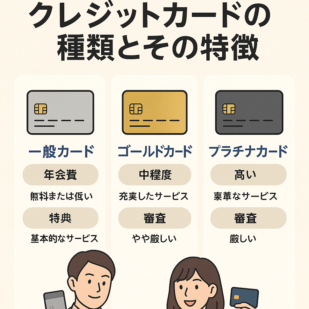 クレジットカードの種類別比較図。一般カード、ゴールドカード、プラチナカードを年会費・特典・審査難易度の観点からイラストとともに解説したインフォグラフィック。 