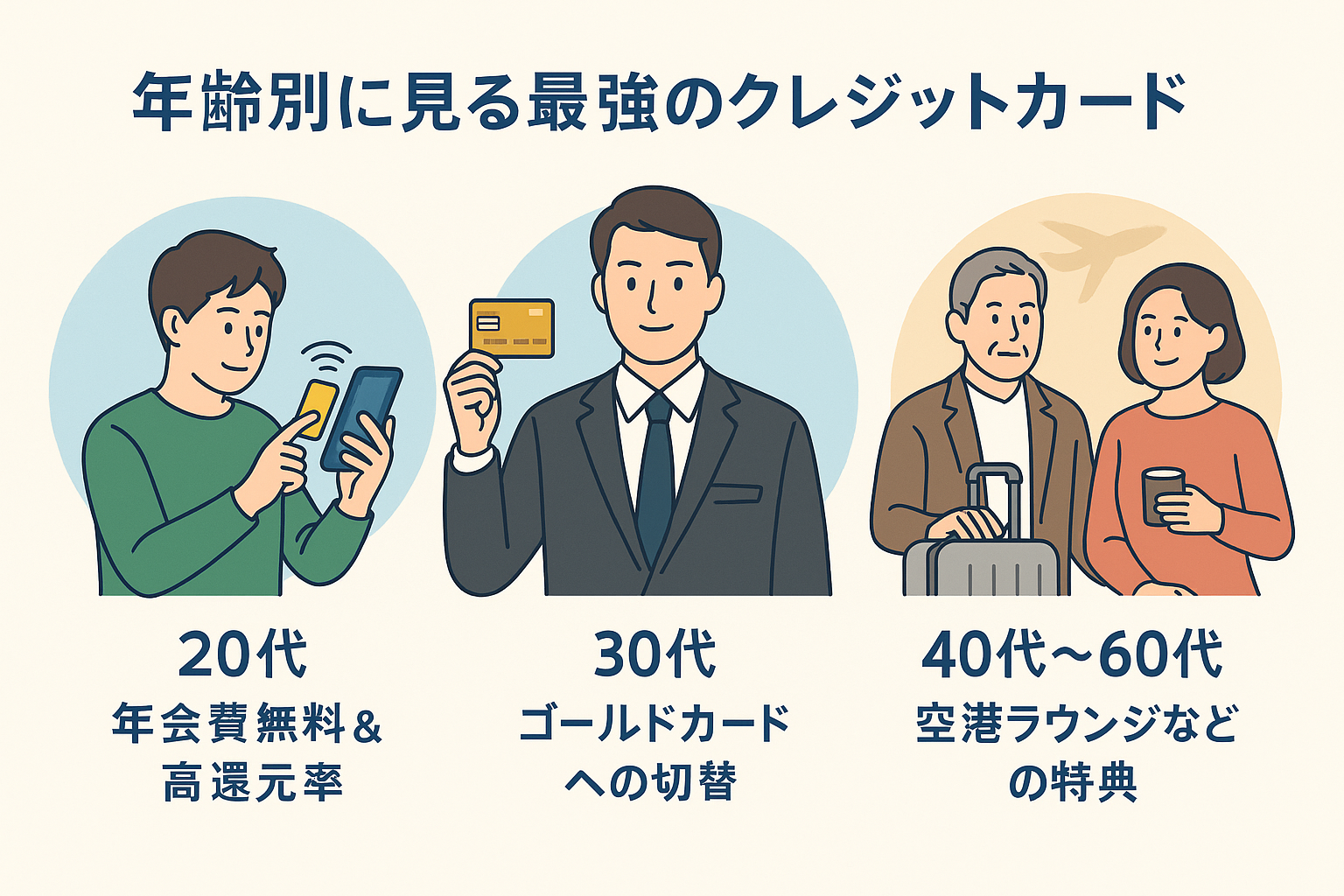 クレジットカードの年齢別おすすめを比較した図解。20代は高還元率と年会費無料、30代はゴールドカードへの切り替え、40代〜60代は空港ラウンジ特典が特徴として紹介されているイラスト。 