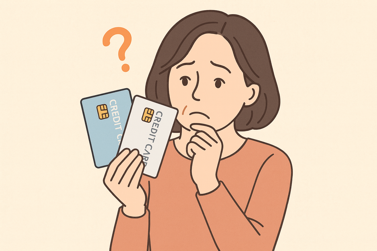 40代の日本人女性が2枚のクレジットカードを手に持ち、どちらを選ぶべきか悩んでいる様子のイラスト。クレジットカード比較や選び方を考える初心者向けシーンを表現している。