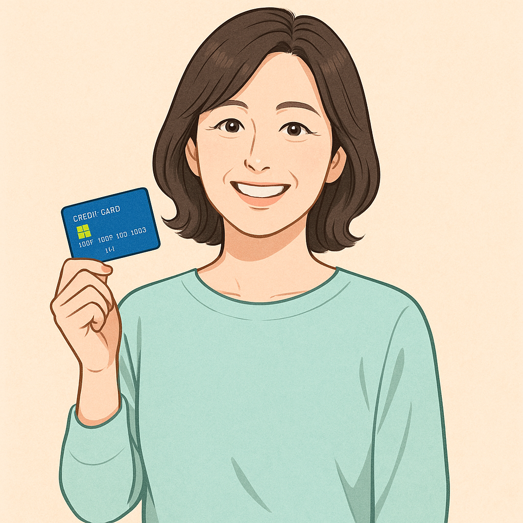 40代の日本人女性が明るい背景の中で笑顔を見せながらクレジットカードを手に持っているイラスト。パステルカラーの洋服を着て、クレジットカード利用に安心感やお得感を感じている様子を表現。
