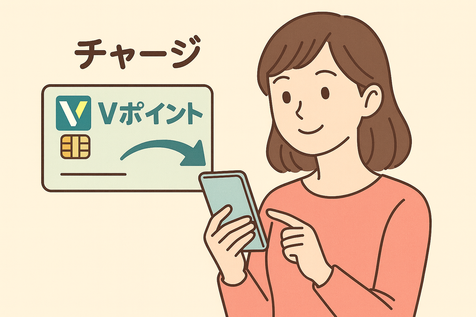 Vポイントカードをスマホでチャージする日本人女性のイラスト。パステル系カラーとやさしいタッチで描かれており、キャッシュレス決済やポイ活、クレジットカード利用に関する初心者向けのブログや情報サイトに適した画像。