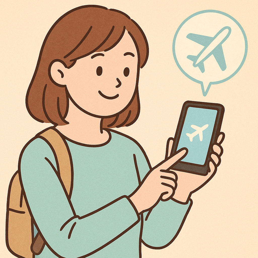スマートフォンで飛行機の予約をする旅行好きな日本人女性のイラスト。パステルカラーのやさしいタッチで描かれ、ミントグリーンの服とベージュのリュックを身につけた女性が、飛行機アイコンが表示されたスマホを操作している様子。旅行予約やマイル、ポイ活に関するブログに適した女性向けビジュアル。