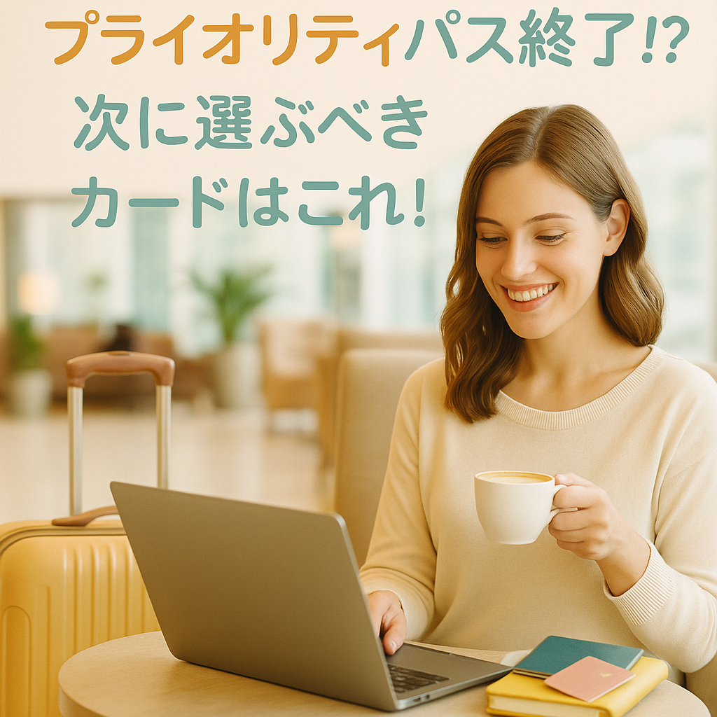 空港ラウンジでノートパソコンを操作しながらカフェラテを持つ20代女性のイメージ。スーツケースやパスポートが映り、クレジットカードの見直しやプライオリティパス終了後の代替カード選びを連想させる旅行シーン。