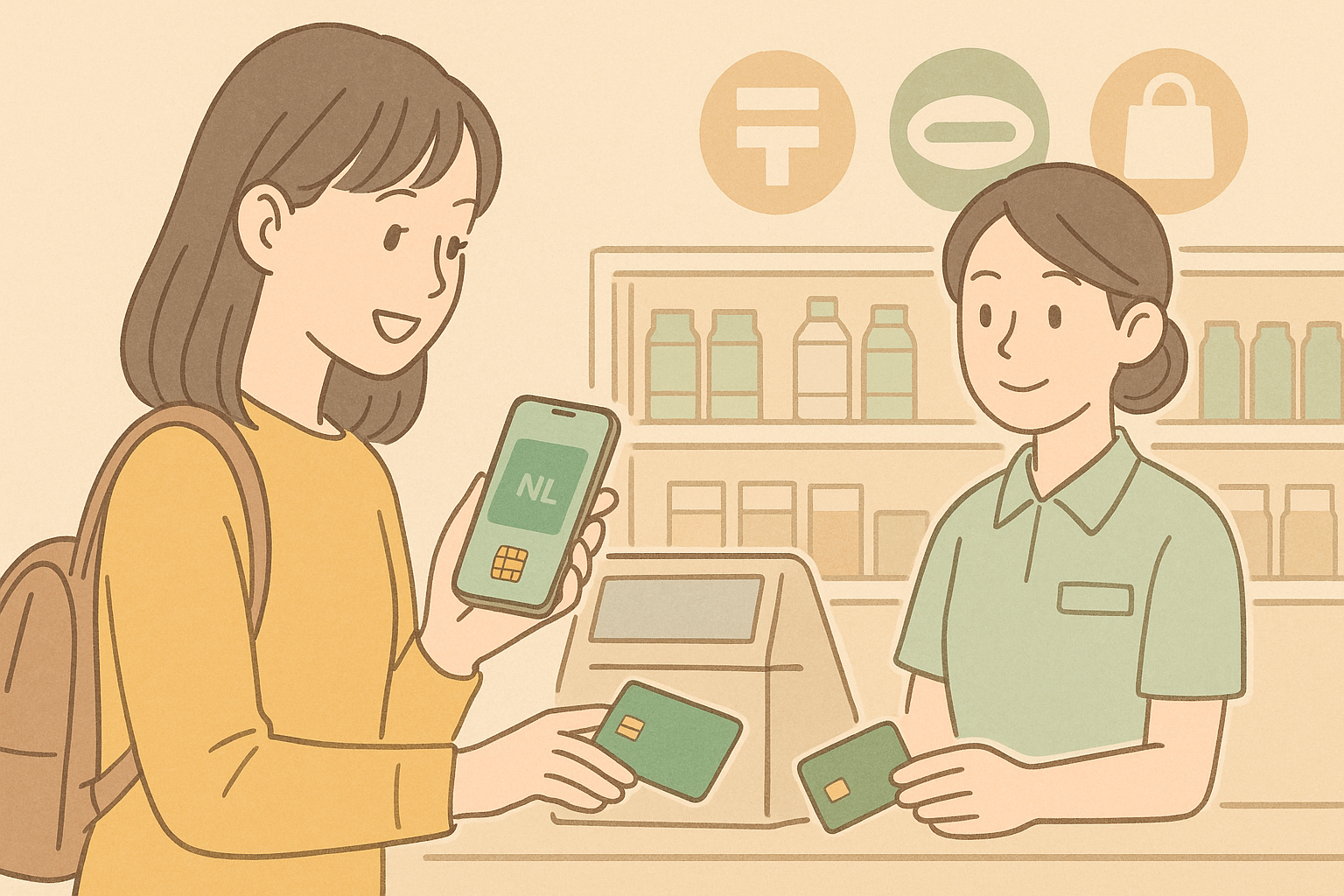 学生向けクレジットカードの活用例｜コンビニでスマホの非接触決済を行う日本人女性と店員のイラスト。キャッシュレス×高還元で日常利用に強いカード選びを解説する記事用。