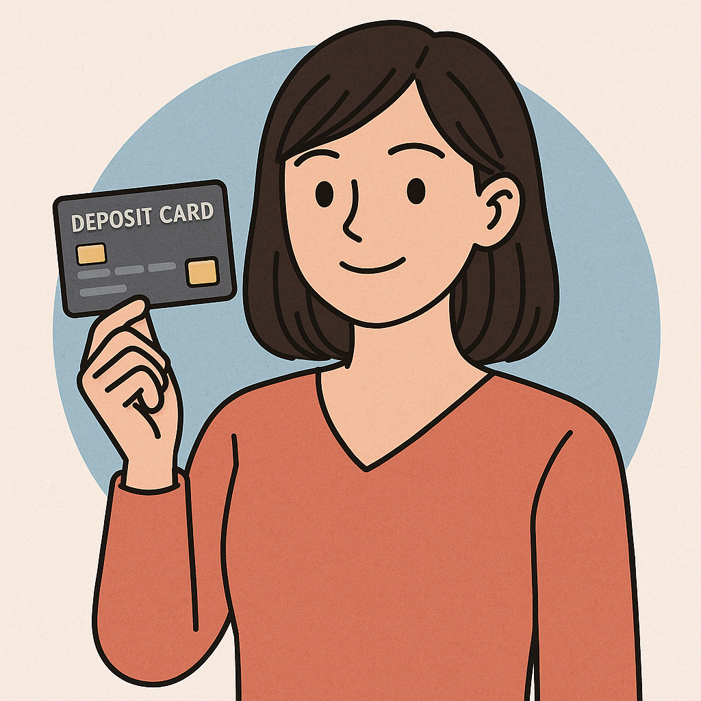 デポジット型ビジネスカードを持つ日本人女性のイラスト。保証金を預けて利用する法人カードの仕組みをわかりやすく表現し、2025年最新の法人カードおすすめランキング記事用