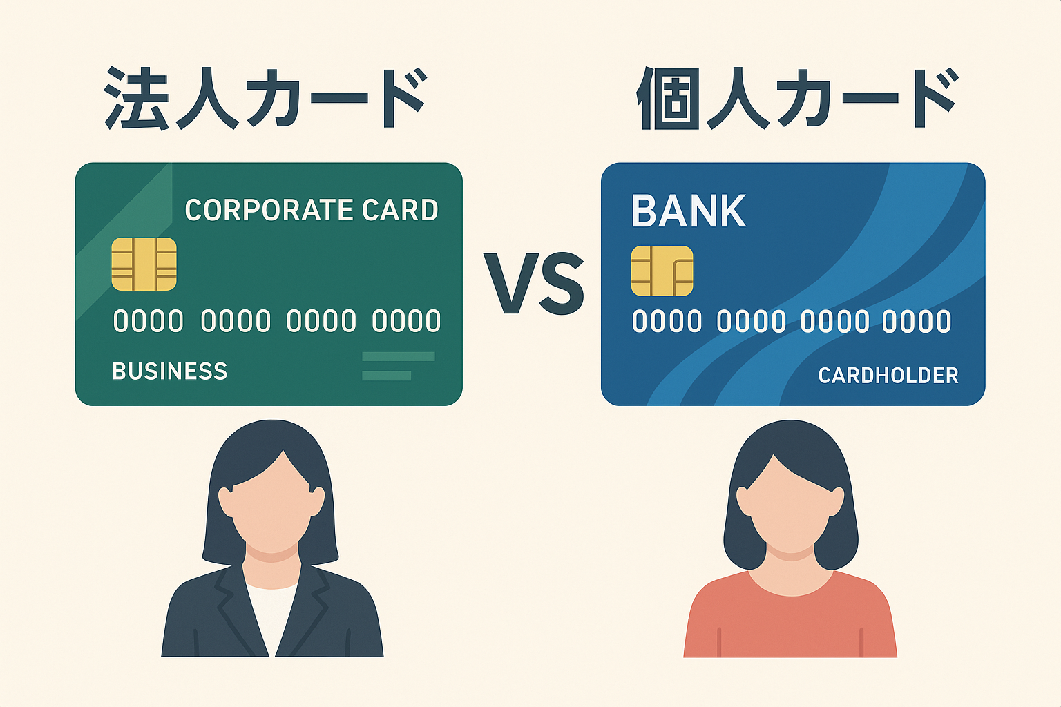 法人カードと個人カードの違いを比較するイラスト。左に法人カード（CORPORATE CARD）とスーツ姿のビジネスウーマン、右に個人カード（BANK）とカジュアルな女性が配置され、事業用と私用のカードの違いをわかりやすく表現