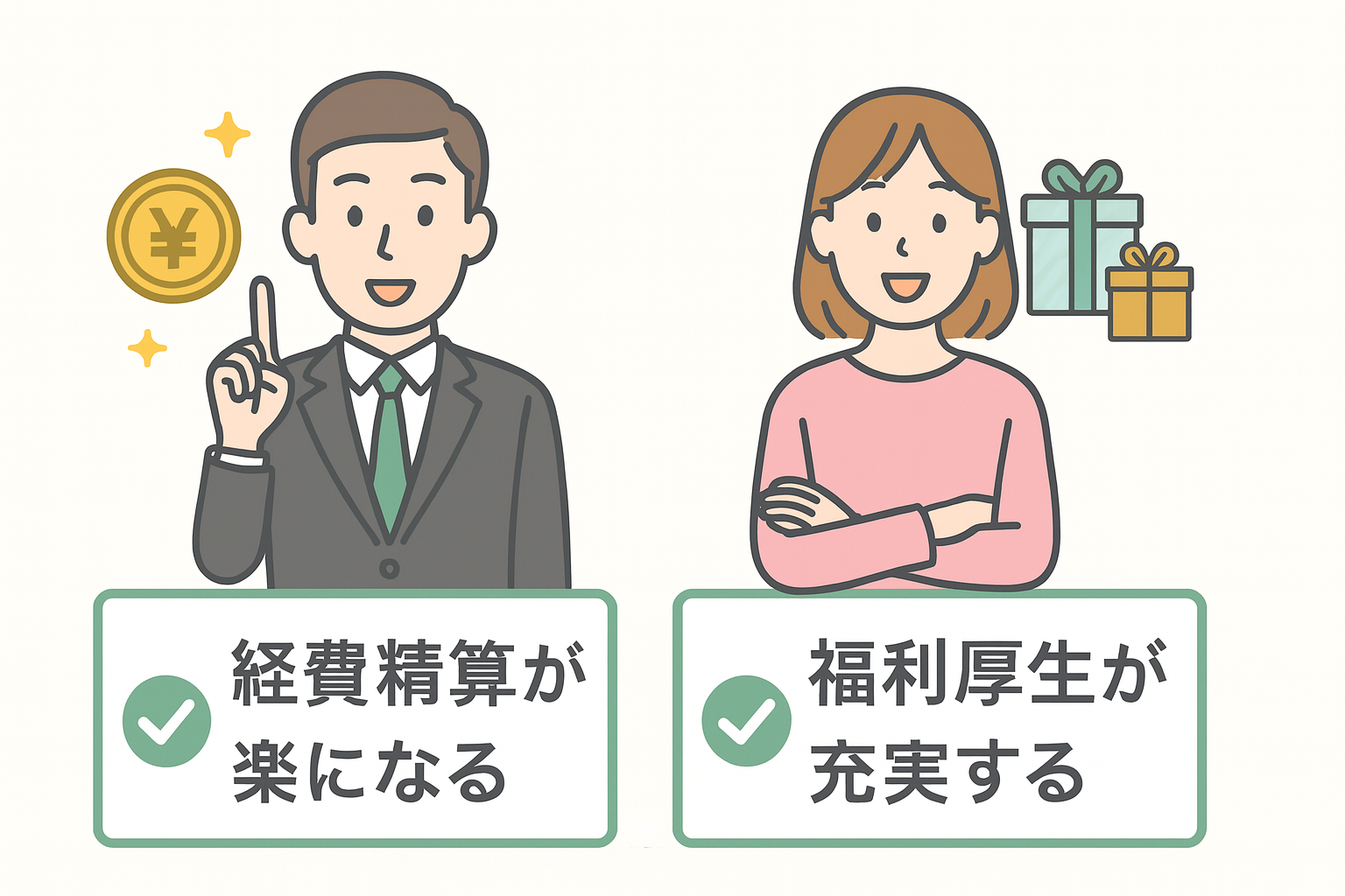 2025年最新の法人カードおすすめランキング記事用イラスト。経費精算が楽になるメリットと福利厚生が充実するメリットを表現し、法人カードの利点をわかりやすく示すビジネスカード比較記事向け画像