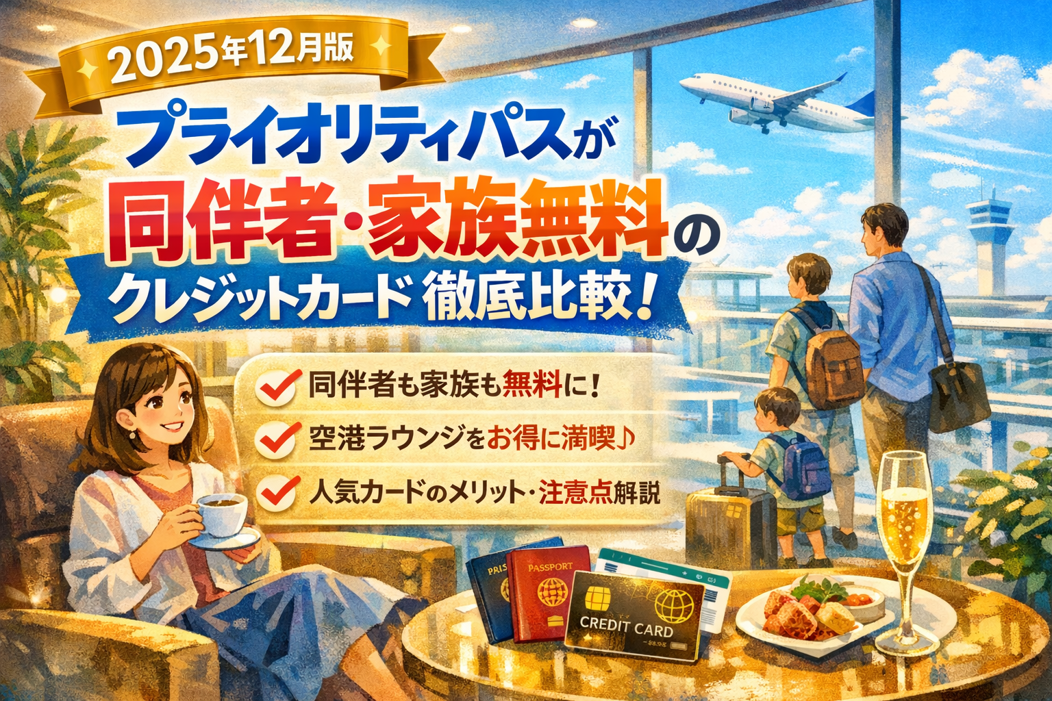 空港ラウンジでくつろぐ女性と家族のイラスト。プライオリティパスが同伴者・家族無料で使えるクレジットカードを2025年12月最新版として徹底比較するアイキャッチ画像。