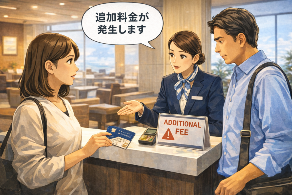 空港ラウンジの受付カウンターのイメージ写真。同伴者料金が発生する場合があることを示す場面。