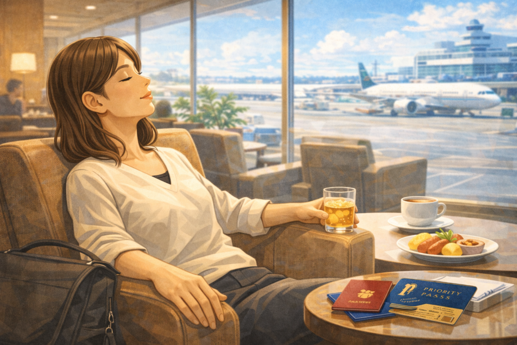 空港ラウンジで出発前の時間をゆったり過ごす女性のイメージ写真。プライオリティパスで快適に過ごす様子。