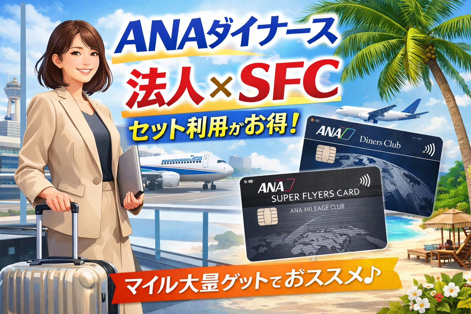 ANAダイナースカードとSFC（スーパーフライヤーズカード）を法人利用するメリットを表現したアイキャッチ画像。空港を背景に、スーツ姿の女性とANAダイナースカード、ANA SFCカードが描かれている。