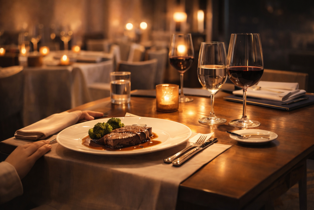 落ち着いたレストランのテーブルで、食事前の静かな雰囲気が伝わるシーン。ワイングラスとキャンドルが並び、人物は写らず手元だけが映っている。