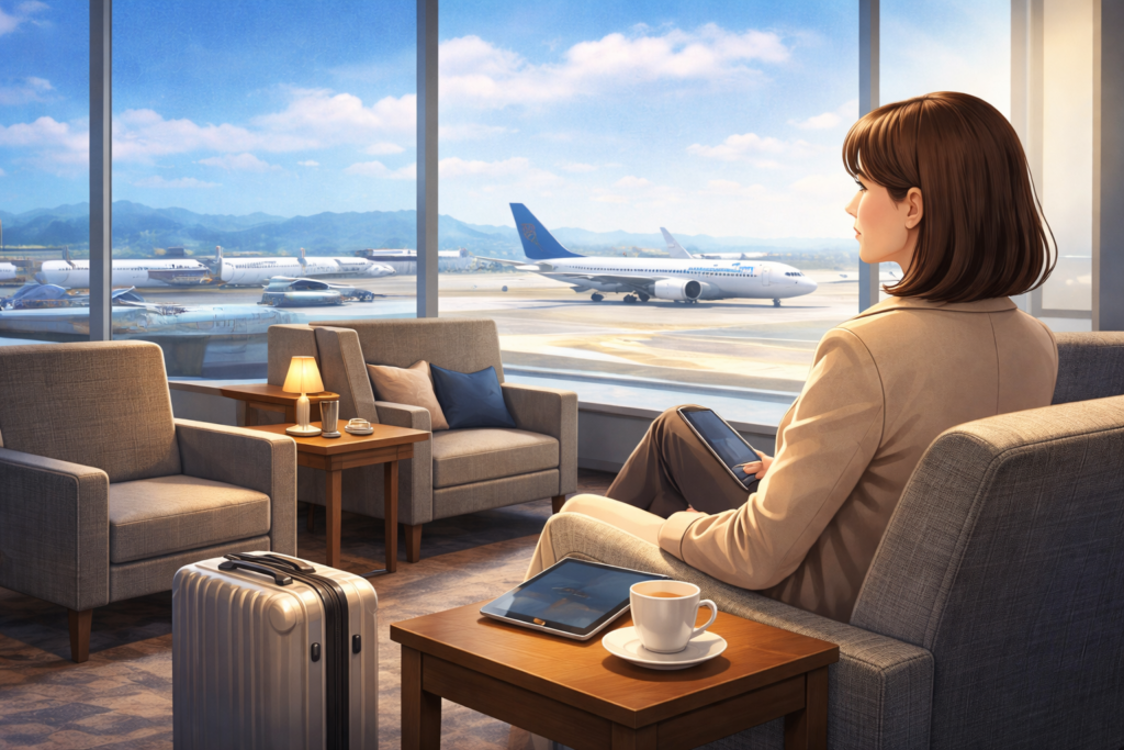 空港ラウンジで出発を待つスーツ姿の女性。ANA機体が見える窓際で、スーツケースとタブレット、コーヒーをそばに置き、落ち着いて過ごしている様子。