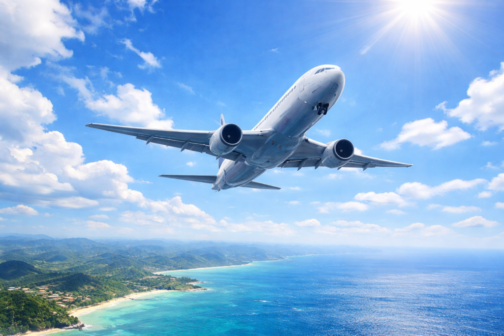 青空の下、海岸線の上空を飛ぶ旅客機。明るく前向きな雰囲気で、旅行や出張の始まりを感じさせるイメージ。